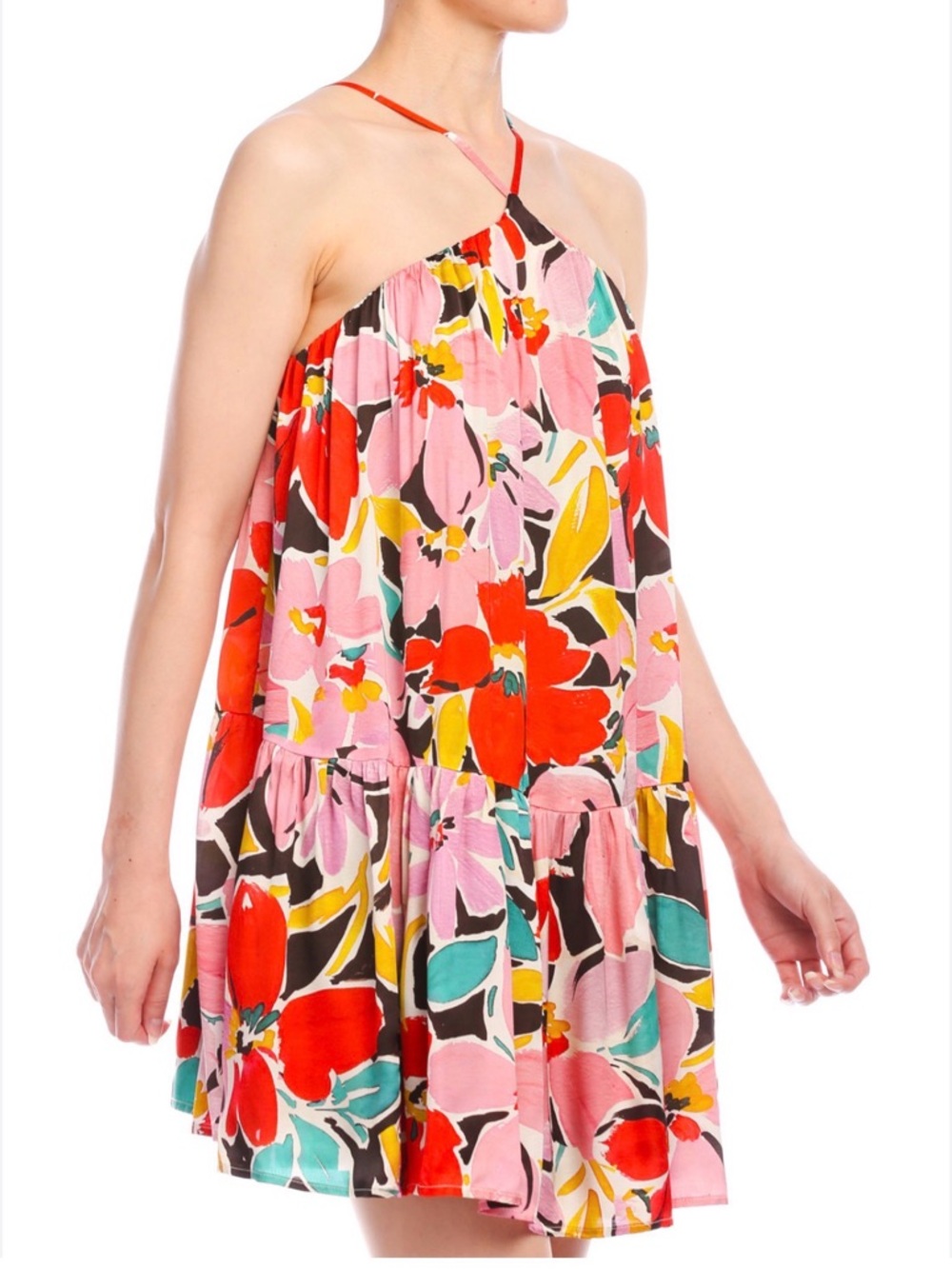 Corey Lynn Calter Floral Halter Mini Dress XL Colorful Print Lined Dress Flowy